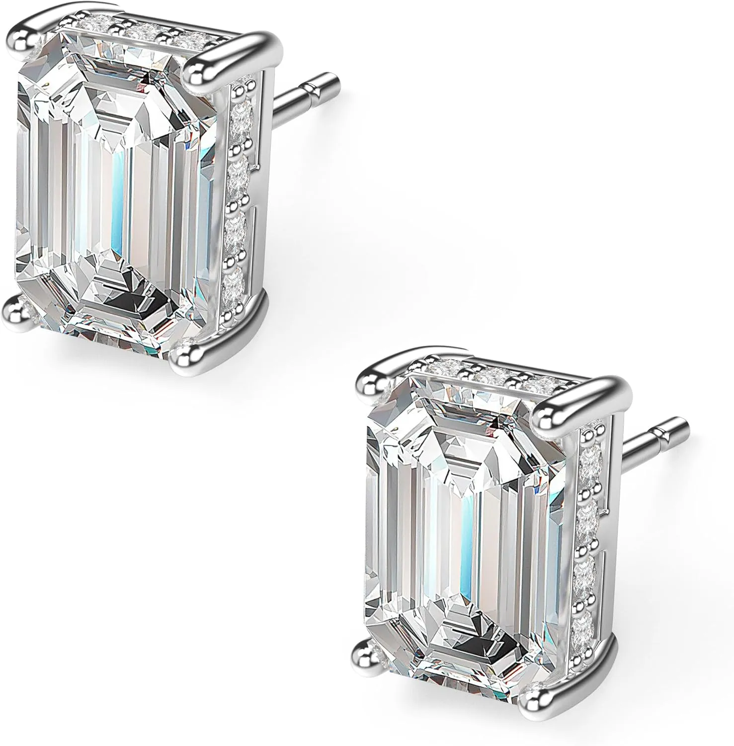 18K White Gold Plated Sterling Silver Emerald Cut Cubic Zirconia Stud Earrings for Women Men Rectangle CZ Diamond Stud Earrings