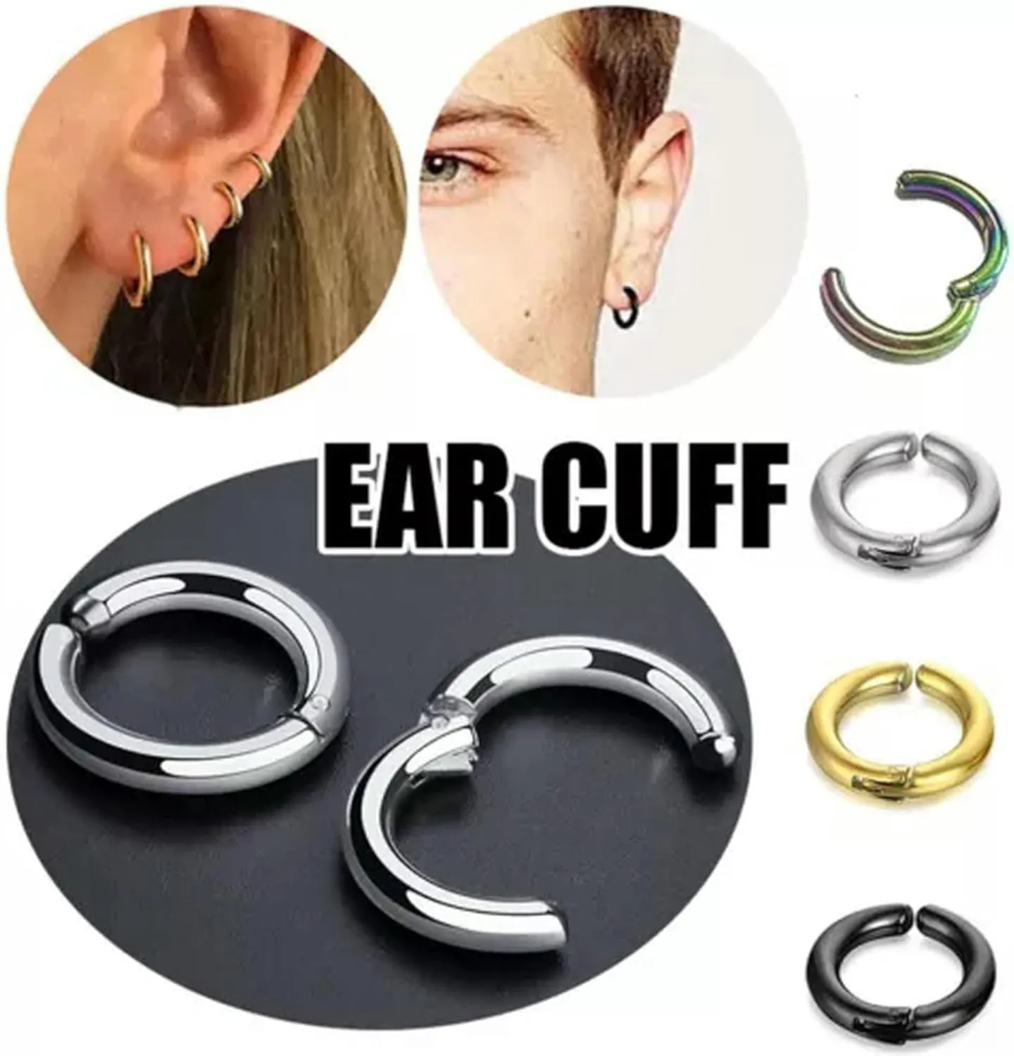 1Pair Surgical Steel Ear Cuff Non-Piercing Fake Hoop Earrings s Clip On AU-Rainbow-10mm