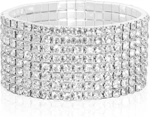 1Pcs 8 Rows Stretch Rhinestone Bracelet for Women Sparkling Silver Rhinestone Bracelets Bridal Wedding Jewelry for Wedding Party