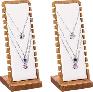 2 Pack Walnut Leather Bamboo Panel Jewelry Necklace Tabletop Display Boards Stand (White)