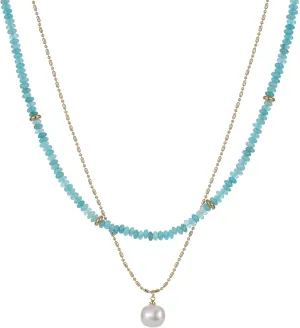 2Pcs Beaded Gemstone Layered Necklace for Women Colorful Boho Bead Choker Necklace Natural Stone Freshwater Pearl Surfer Beach Necklace 14K Gold Plated Summer Handmade Necklaces Jewelry (11)