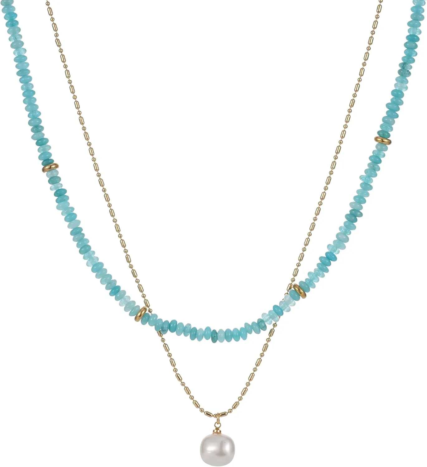 2Pcs Beaded Gemstone Layered Necklace for Women Colorful Boho Bead Choker Necklace Natural Stone Freshwater Pearl Surfer Beach Necklace 14K Gold Plated Summer Handmade Necklaces Jewelry (11)