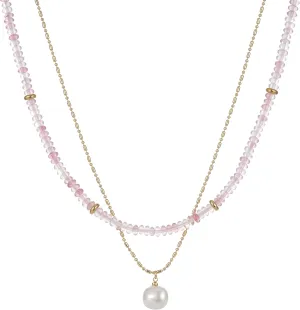 2Pcs Beaded Gemstone Layered Necklace for Women Colorful Boho Bead Choker Necklace Natural Stone Freshwater Pearl Surfer Beach Necklace 14K Gold Plated Summer Handmade Necklaces Jewelry (KS-10)