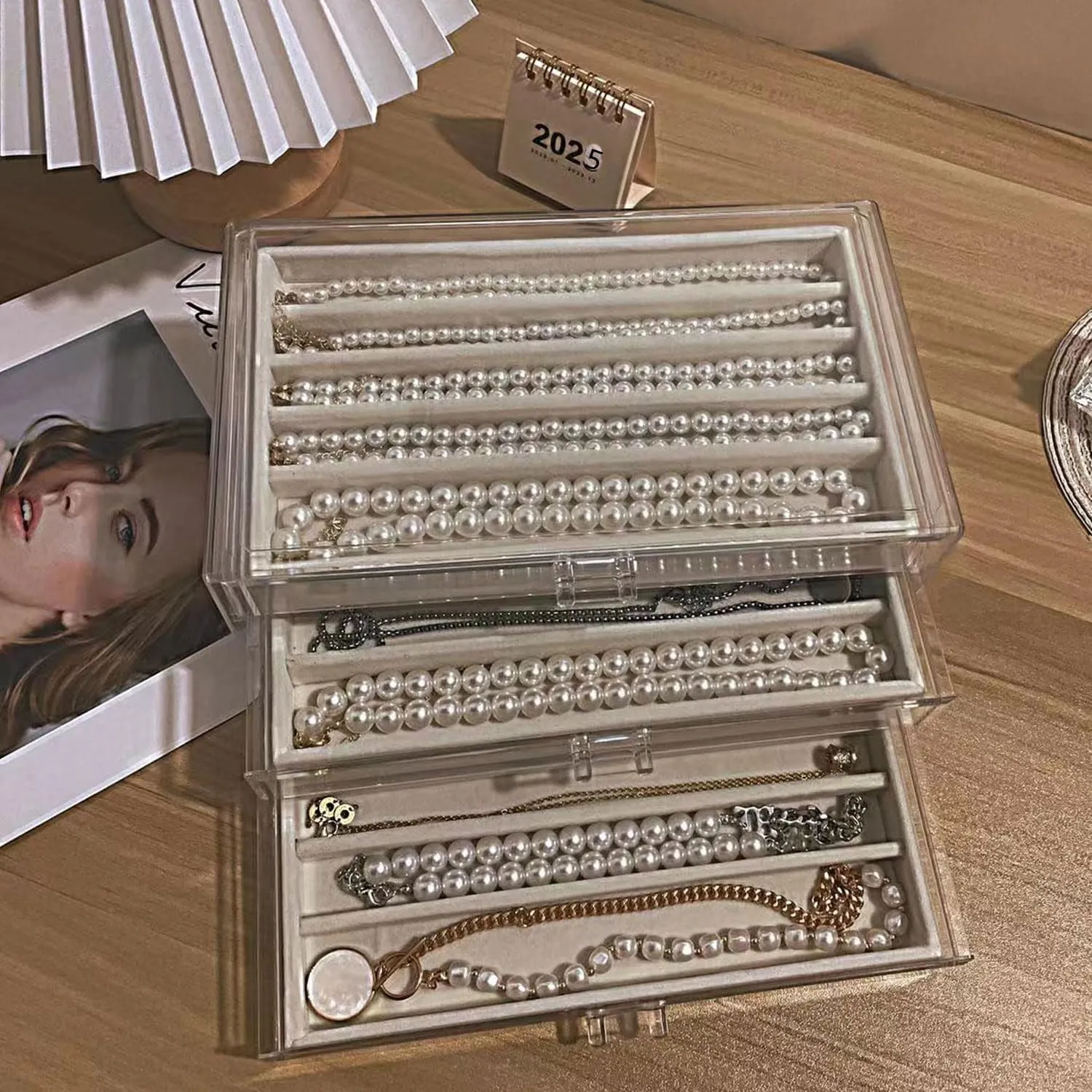 3 Drawers Necklace Organizer Box, Tray with DIY Clear Lid, Dustproof Velvet Necklaces Holder Storage Display Case, Necklace Tray Drawer Insert for Pendant Suitable for Women and Girls (Beige)