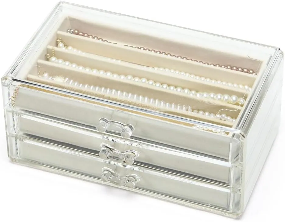 3 Drawers Necklace Organizer Box, Tray with DIY Clear Lid, Dustproof Velvet Necklaces Holder Storage Display Case, Necklace Tray Drawer Insert for Pendant Suitable for Women and Girls (Beige)