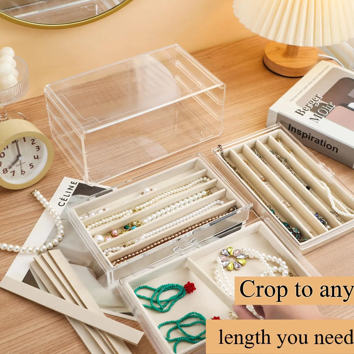 3 Drawers Necklace Organizer Box, Tray with DIY Clear Lid, Dustproof Velvet Necklaces Holder Storage Display Case, Necklace Tray Drawer Insert for Pendant Suitable for Women and Girls (Beige)
