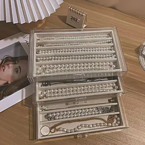 3 Drawers Necklace Organizer Box, Tray with DIY Clear Lid, Dustproof Velvet Necklaces Holder Storage Display Case, Necklace Tray Drawer Insert for Pendant Suitable for Women and Girls (Beige)
