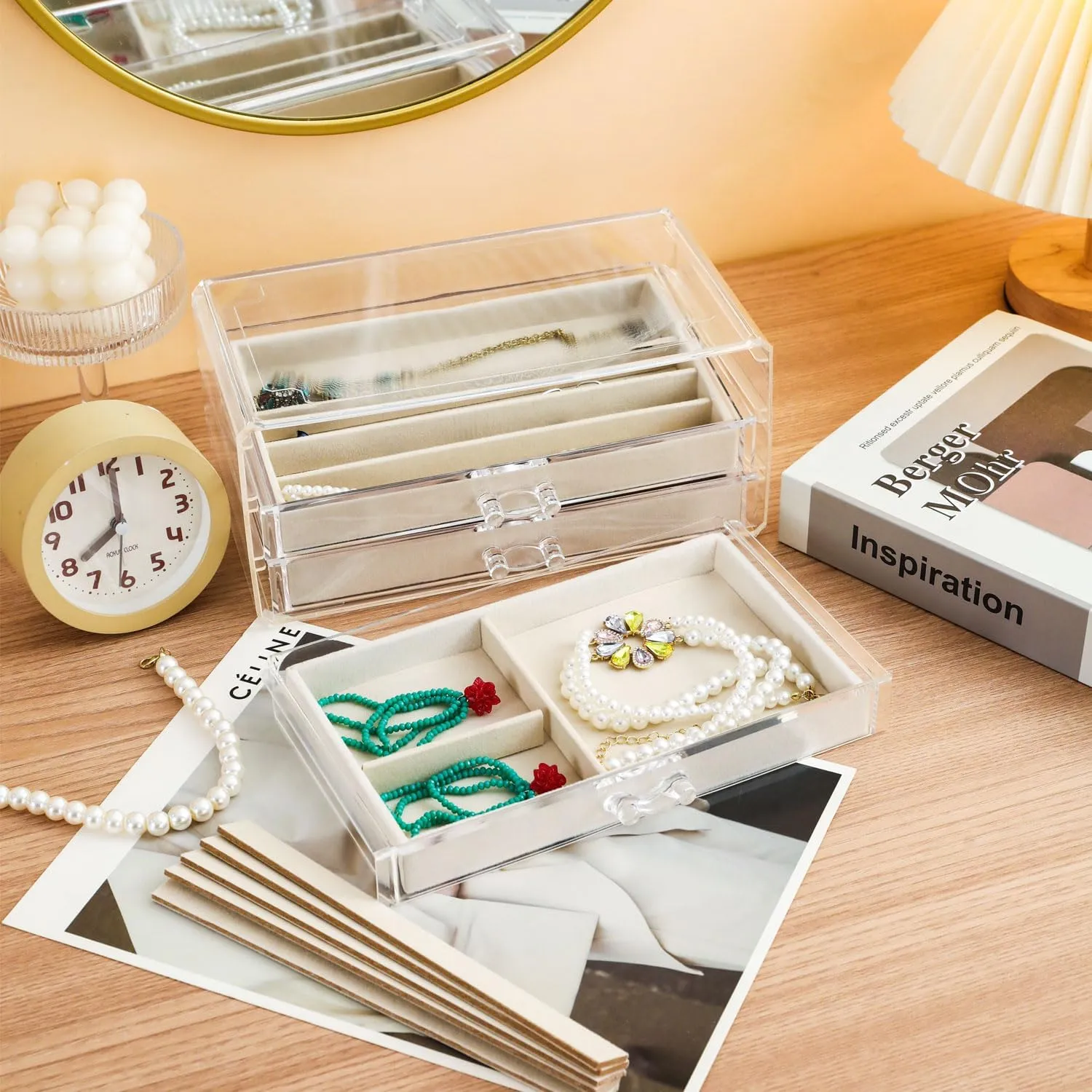3 Drawers Necklace Organizer Box, Tray with DIY Clear Lid, Dustproof Velvet Necklaces Holder Storage Display Case, Necklace Tray Drawer Insert for Pendant Suitable for Women and Girls (Beige)
