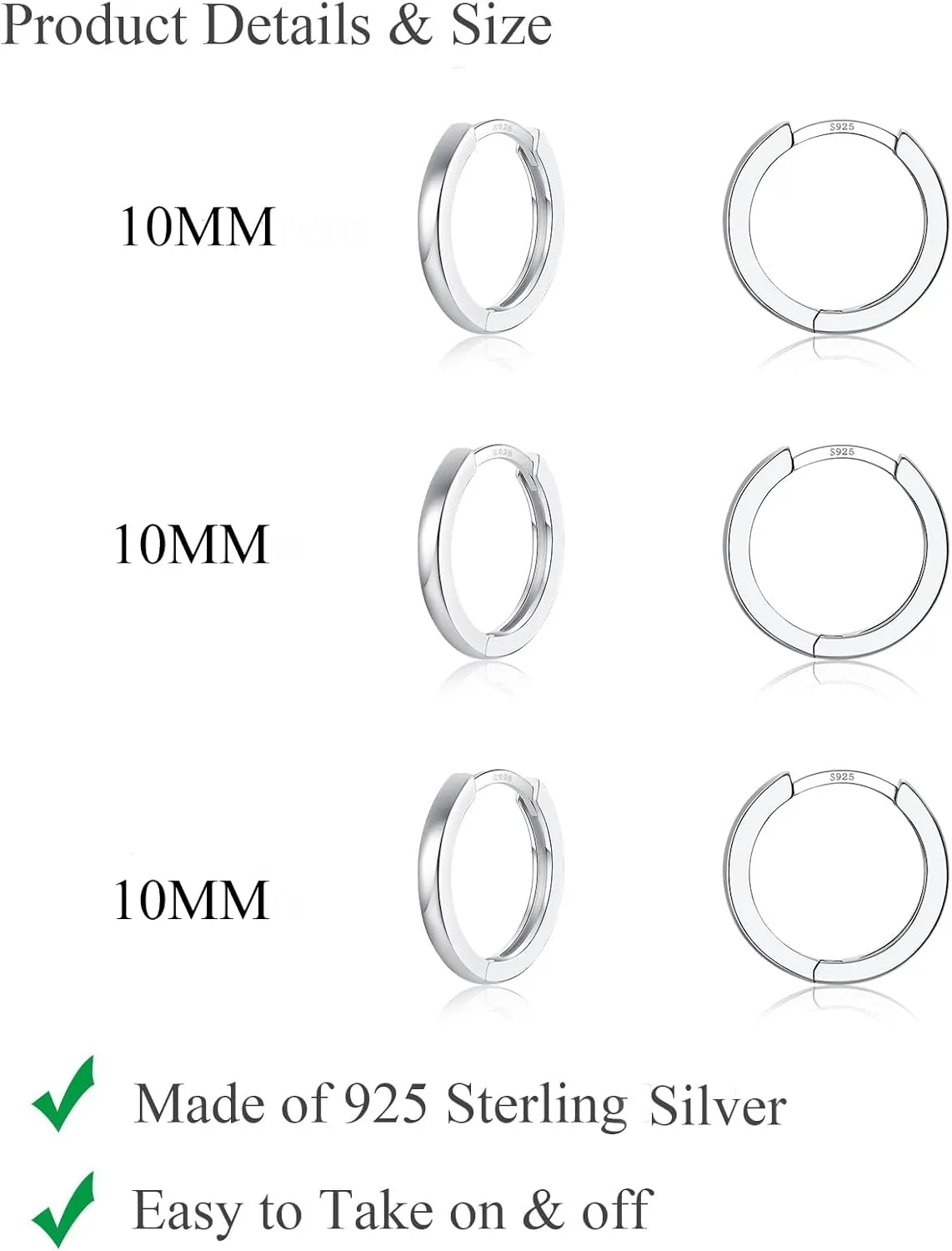 3 Pairs 925 Sterling Silver Hoop Earrings 14K White Gold Plated Small Silver Hoops Cartilage Huggie Earrings for Women Men
