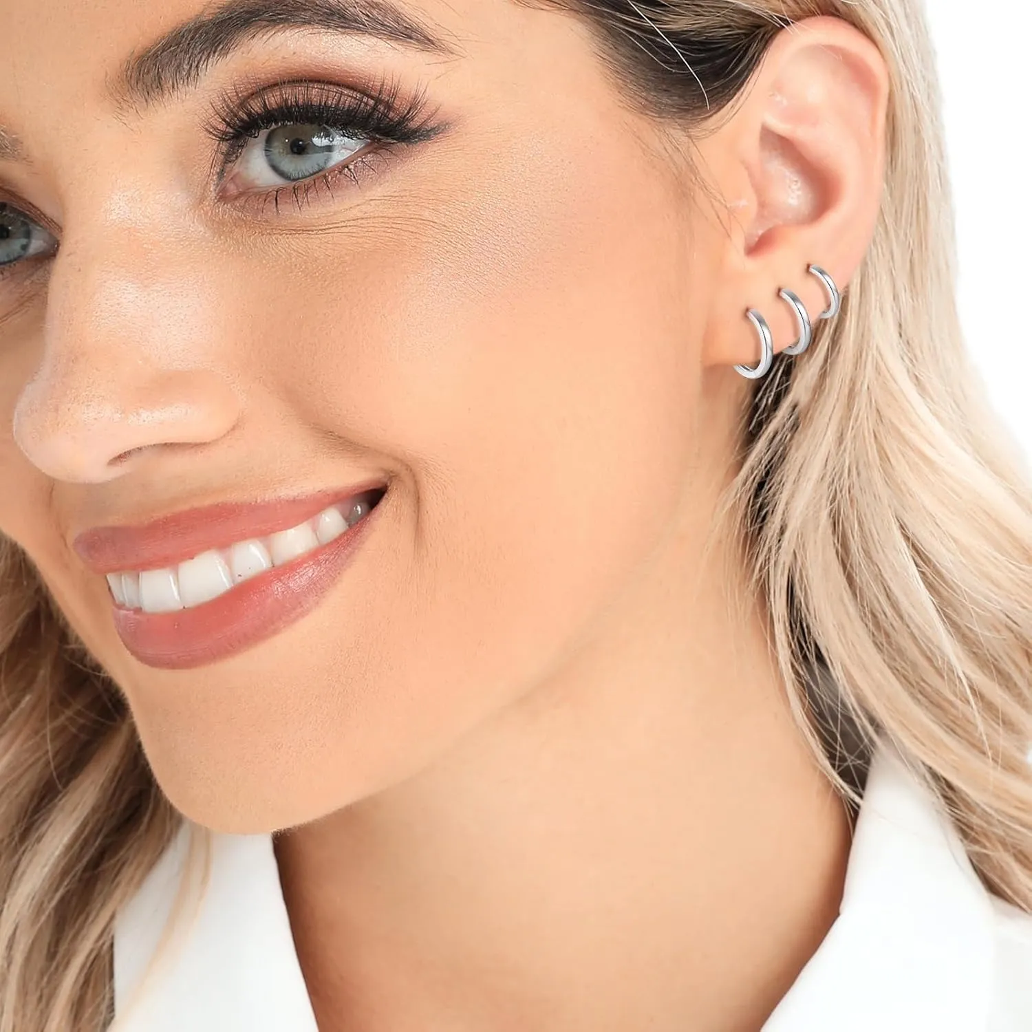 3 Pairs 925 Sterling Silver Hoop Earrings 14K White Gold Plated Small Silver Hoops Cartilage Huggie Earrings for Women Men