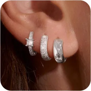 3 Pairs Chunky Gold/Silver Hoop Earrings for Women 14K Gold Plated Hoop Earrings Set Cubic Zirconia Dainty Lightweight Hypoallergenic Thick Huggie Hoops Earring Jewelry Gift for Women