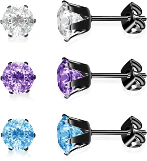 3 Pairs/Set Titanium Cubic Zirconia Stud Earrings Brilliant Cut Simulated Diamond CZ Earrings Hypoallergenic Ear Studs for Sensitive Ears