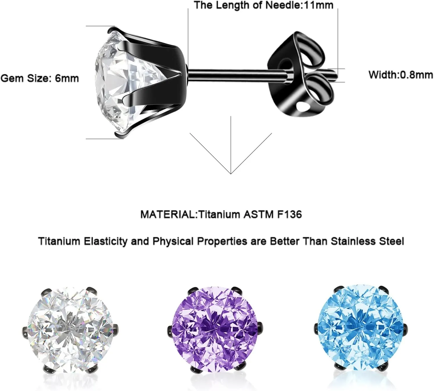 3 Pairs/Set Titanium Cubic Zirconia Stud Earrings Brilliant Cut Simulated Diamond CZ Earrings Hypoallergenic Ear Studs for Sensitive Ears