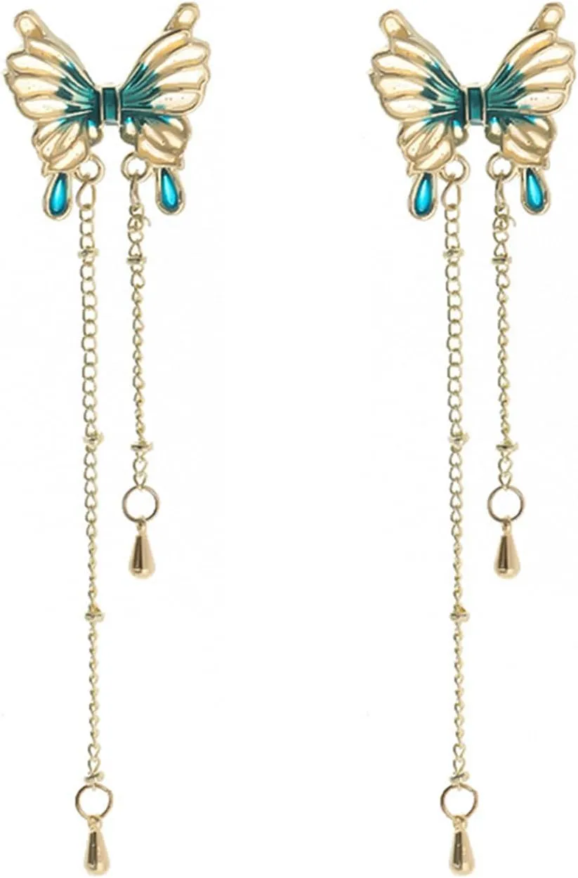 3D Long Butterfly Drop Dangle Earrings for Women Crystal Butterfly Tassel Dangle Charm Earrings Crystal Imitation Dangle Earrings Jewelry