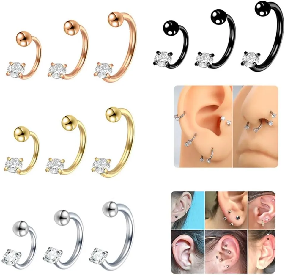 3Pcs 18G Surgical Steel CZ Cartilage Earrings C-Shaped Hoops Snake Bite Lip Rings Nose Rings Body Piercing Jewelry for Women Men 6mm 8mm 10mm