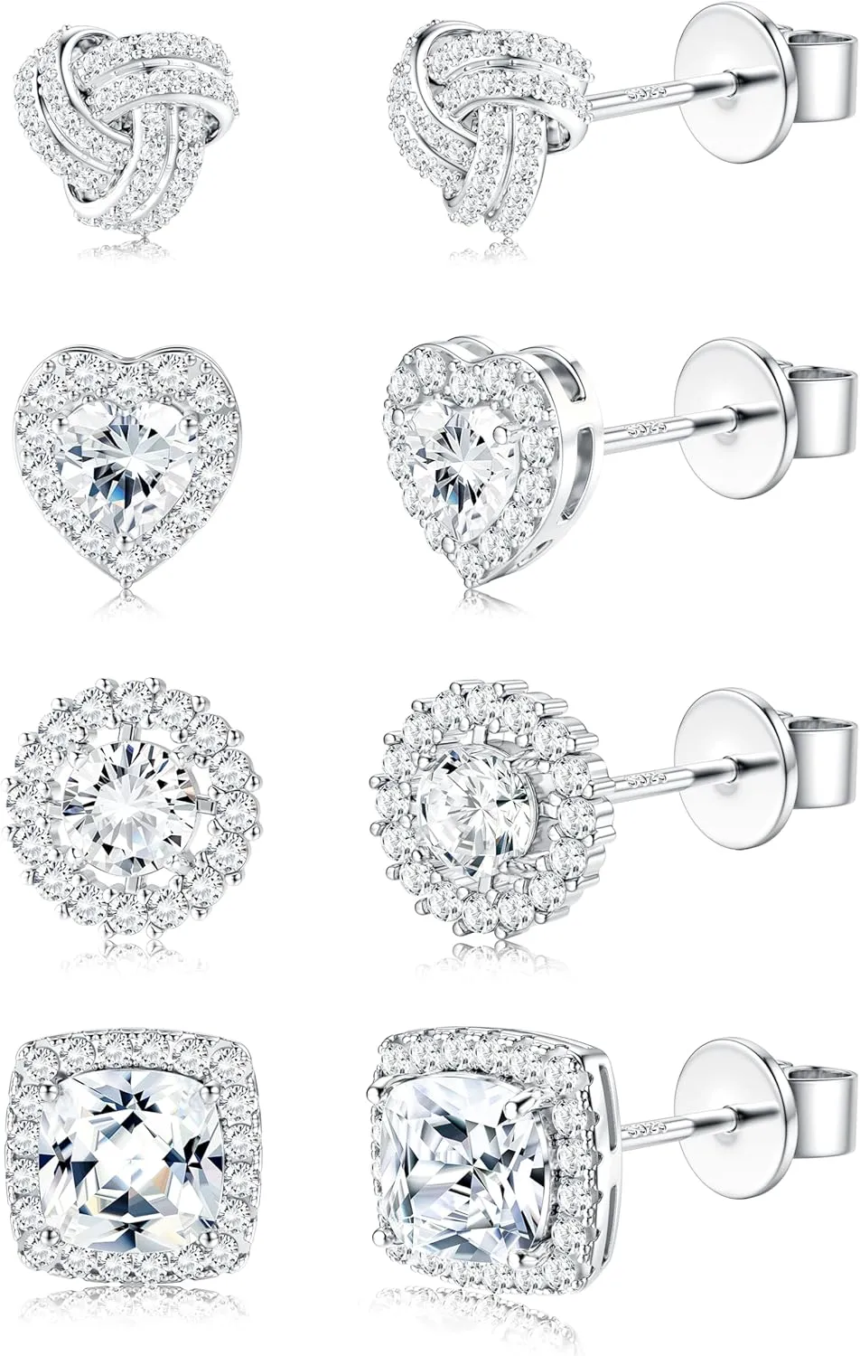4 Pairs Sterling Silver CZ Stud Earrings for Women 14K Gold Plated Brilliant Celtic Heart Big Stud Earrings Set Cubic Zirconia Earrings Studs for Sensitive Ear