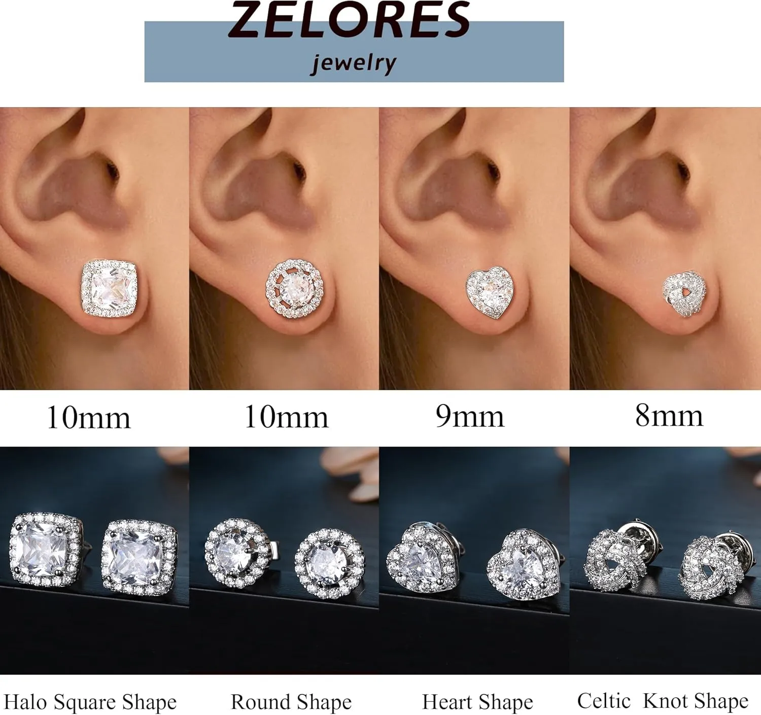 4 Pairs Sterling Silver CZ Stud Earrings for Women 14K Gold Plated Brilliant Celtic Heart Big Stud Earrings Set Cubic Zirconia Earrings Studs for Sensitive Ear