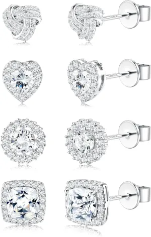 4 Pairs Sterling Silver CZ Stud Earrings for Women 14K Gold Plated Brilliant Celtic Heart Big Stud Earrings Set Cubic Zirconia Earrings Studs for Sensitive Ear