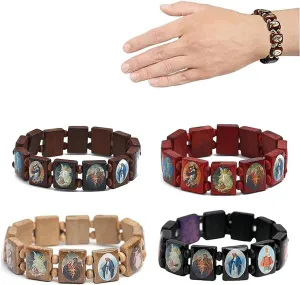 4 PCS Religious Bracelets with Assorted Color Images of Saints, Jesus and Mary, Wooden Stretchable Bracelet Catholic Gifts for Women Men (Black   Brown   Wood   Wine Red)