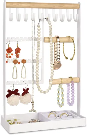 4-Tier Jewelry Organizer Stand with Velvet Ring Holder  24 Holes Earring Organizer, 10 Hooks Necklace Holder & Watch Bracelet Bracket, White Wooden Jewelry Storage Towers