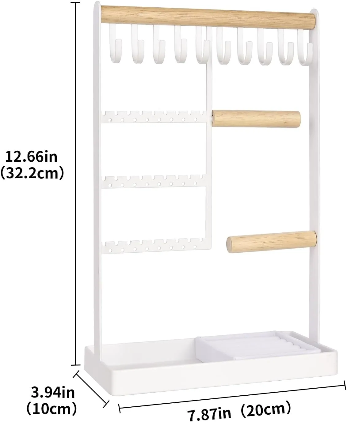 4-Tier Jewelry Organizer Stand with Velvet Ring Holder  24 Holes Earring Organizer, 10 Hooks Necklace Holder & Watch Bracelet Bracket, White Wooden Jewelry Storage Towers