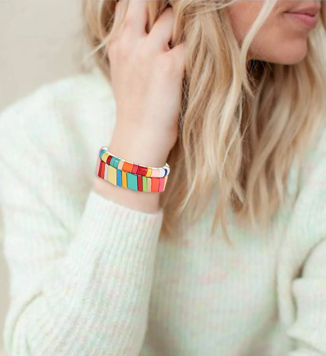 4PCS Rainbow Enamel Tile Bracelets for Women Multicolored Tile Bead Stretch Bracelets Set Stackable Colorblock Beaded Wrap Bangle Bracelet for Men
