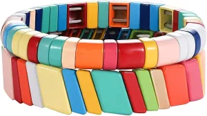 4PCS Rainbow Enamel Tile Bracelets for Women Multicolored Tile Bead Stretch Bracelets Set Stackable Colorblock Beaded Wrap Bangle Bracelet for Men