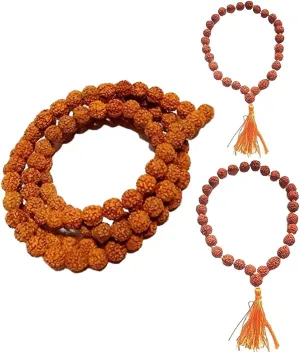 5 Mukhi Rudraksha Mala 108 Beads with Hand Bracelete Natural Seed Prayer Beads Rudraksha Powerful Rudraksha Mala for Positive Vibes, Meditation, Mantra Japa Mala, Shiv Blessings