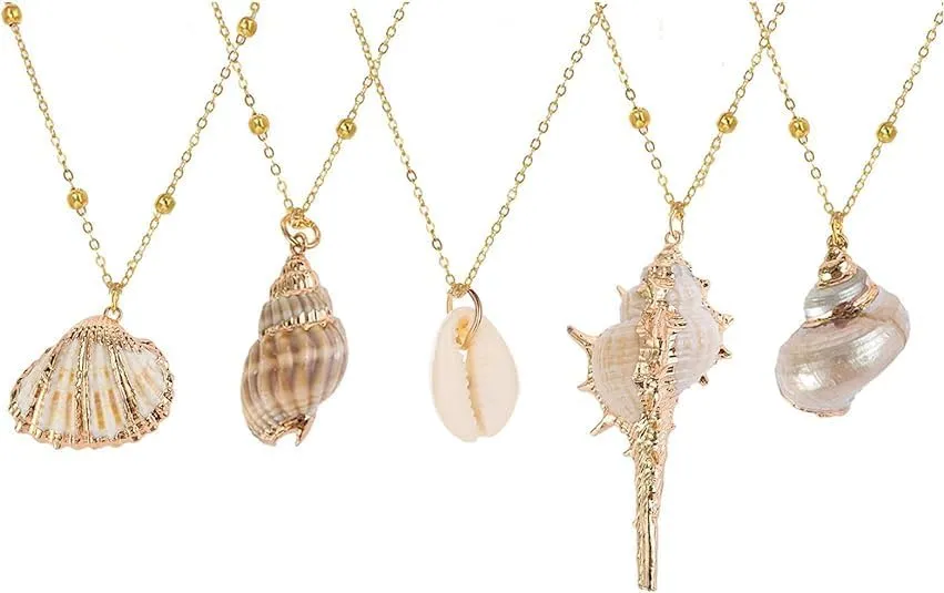 5Pcs Shell Necklace Beach Sea Shell Necklaces for Women Natural Seashell Scallop Conch Pendant Necklace Inlaid with Gold Rimmed Ocean Jewelry Adjustable Seashell Jewelry Gifts