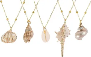 5Pcs Shell Necklace Beach Sea Shell Necklaces for Women Natural Seashell Scallop Conch Pendant Necklace Inlaid with Gold Rimmed Ocean Jewelry Adjustable Seashell Jewelry Gifts