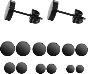 6 Pairs Black Stud Earrings for Men, Stainless Steel Faux Gauges Ear Tunnel Illusion, Hypoallergenic Fake Plug Cheater Earrings Unisex Screw-Back Design (Single Head)