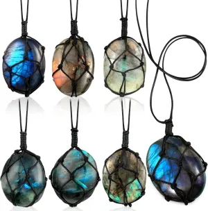 6 Pcs Labradorite Dragon Heart Necklaces Natural Crystal Pendant Wrap Braid Jewelry Stone Labradorite Crystal Colorful Jewelry Necklace for Women Men Gifts