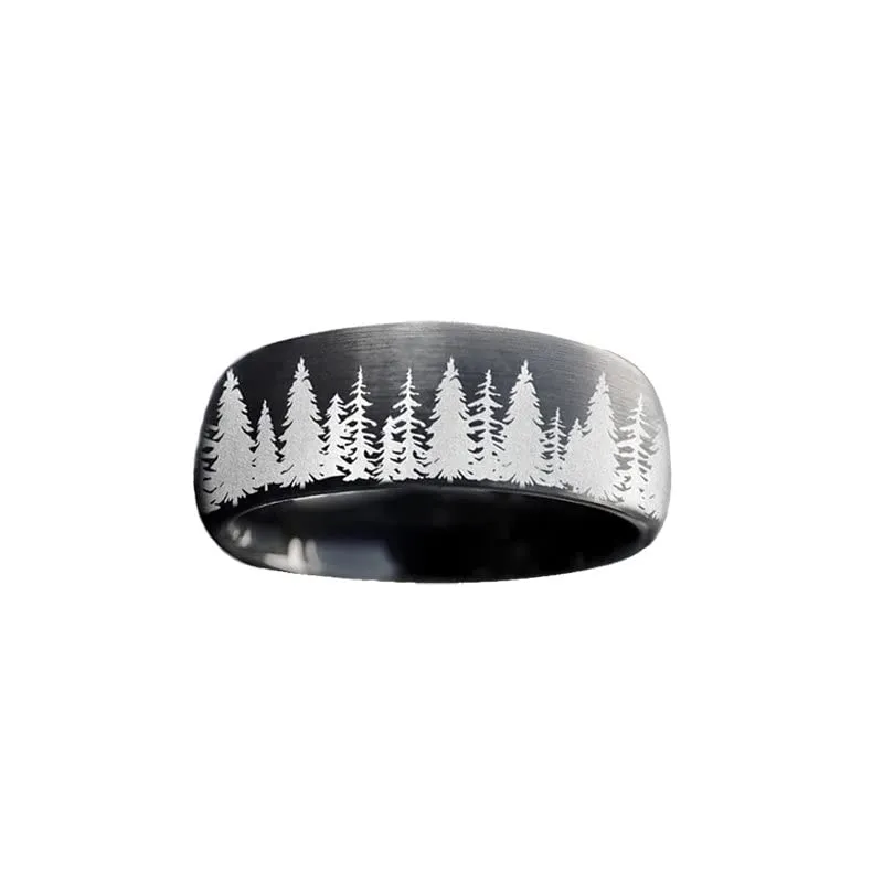 6mm Thin Black Tungsten Rings for Men Wedding Band Unique Forest Tree Rings For Her Rustic Anniversary Gifts Matching Couples Set