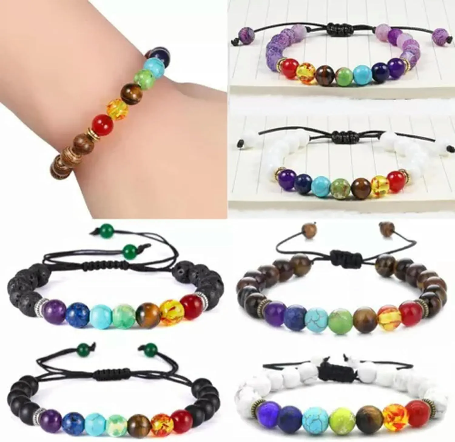 7 Balance Beaded Bracelet Lava Prayer Stones Gift New-7 Stone-Black Leather