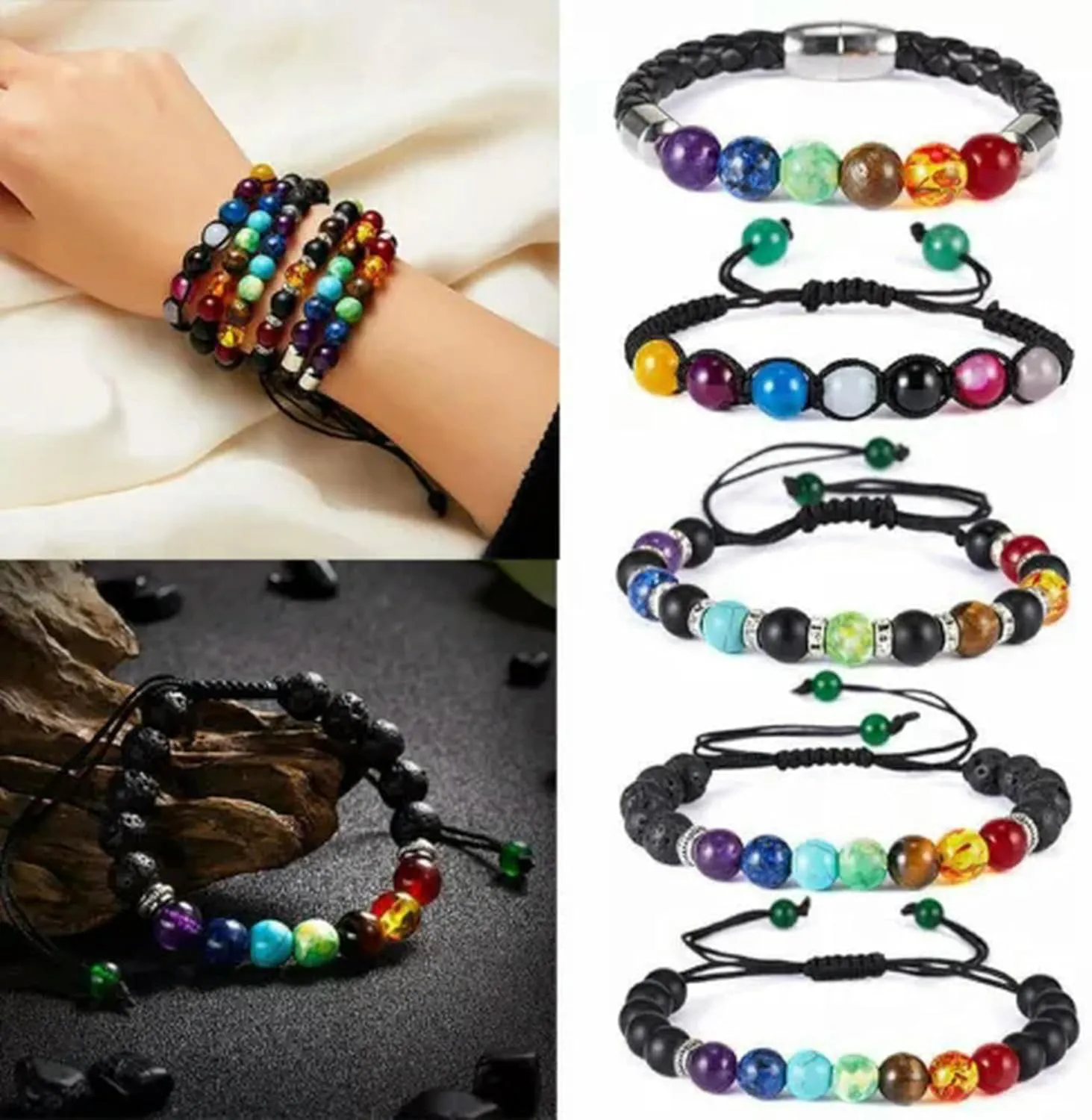 7 Balance Beaded Bracelet Lava Prayer Stones Gift New-7 Stone-Black Leather