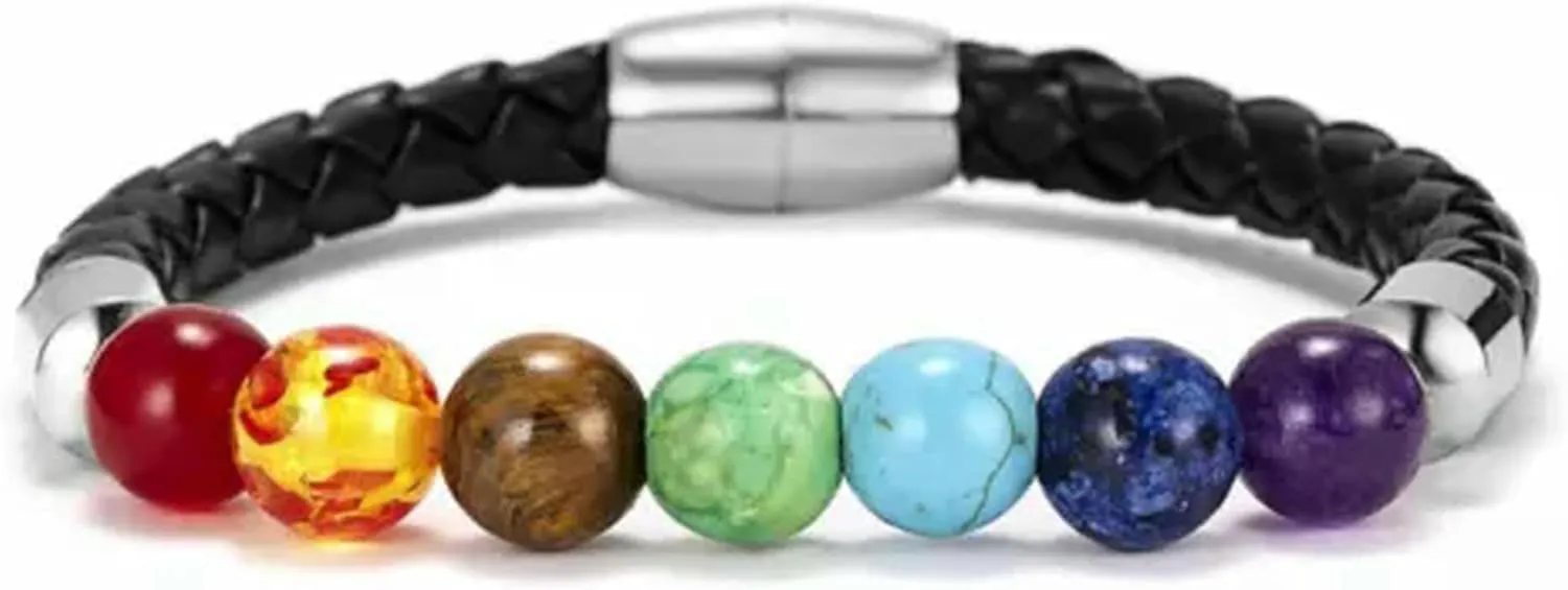 7 Balance Beaded Bracelet Lava Prayer Stones Gift New-7 Stone-Black Leather
