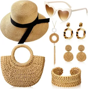 7 Pcs Summer Rattan Jewelry Set for Women Vacation Sun Straw Beach Hat Sunglasses Mini Semi Circle Rattan Straw Bag Long Necklace and Earrings Bracelet for Women Beach Bohemia, Khaki