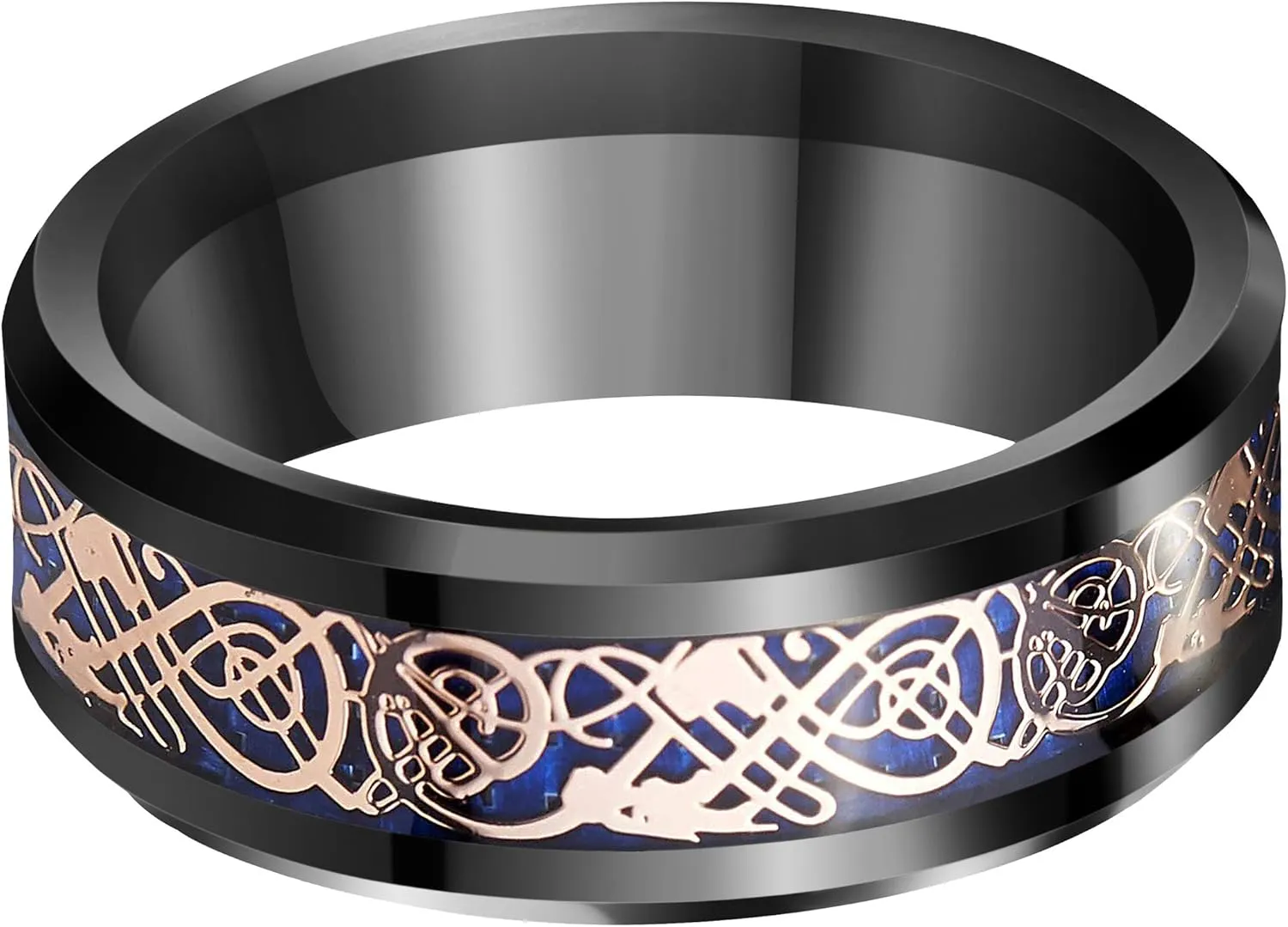 8mm Unique Black Tungsten Rose Gold Celtic Dragon Wedding Band with Blue Carbon Fiber Engagement Couples Ring Comfort Fit