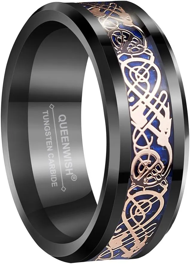 8mm Unique Black Tungsten Rose Gold Celtic Dragon Wedding Band with Blue Carbon Fiber Engagement Couples Ring Comfort Fit