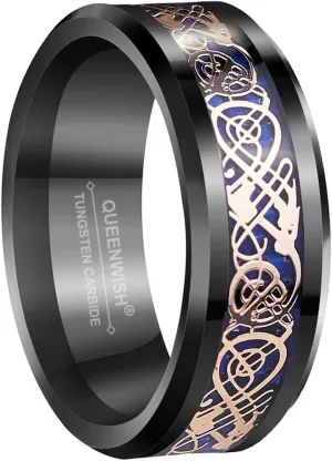 8mm Unique Black Tungsten Rose Gold Celtic Dragon Wedding Band with Blue Carbon Fiber Engagement Couples Ring Comfort Fit