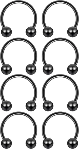 8pc 18g Black Surgical Steel Horseshoe Hoop 3mm Ball Circular Barbells Earrings Cartilage Helix Septum Nose Lip Rings - 8mm