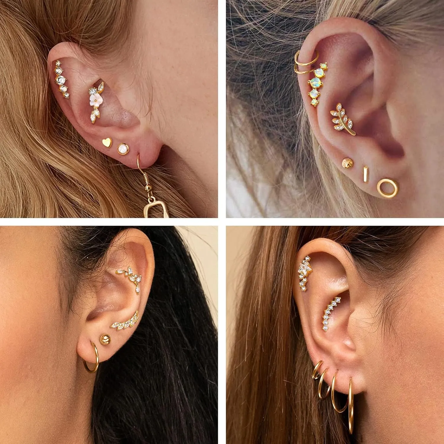 8Pcs 16G Cartilage Earring Set Stainless Steel Flower Opal CZ Stud Earrings Flat Back Cartilage Conch Helix Piercing Jewelry for Women