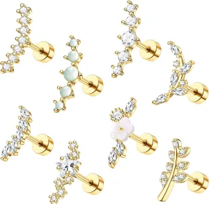 8Pcs 16G Cartilage Earring Set Stainless Steel Flower Opal CZ Stud Earrings Flat Back Cartilage Conch Helix Piercing Jewelry for Women