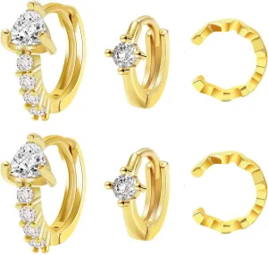 8YEARS 18K Gold Plated Cubic Zirconia Hoop Earrings And Ear Cuff Sets for Women, Gold CZ Huggie Earrings Non-Pierced Cartilage Clip On Earring, Gold Earring Set of 3 Gift for Her