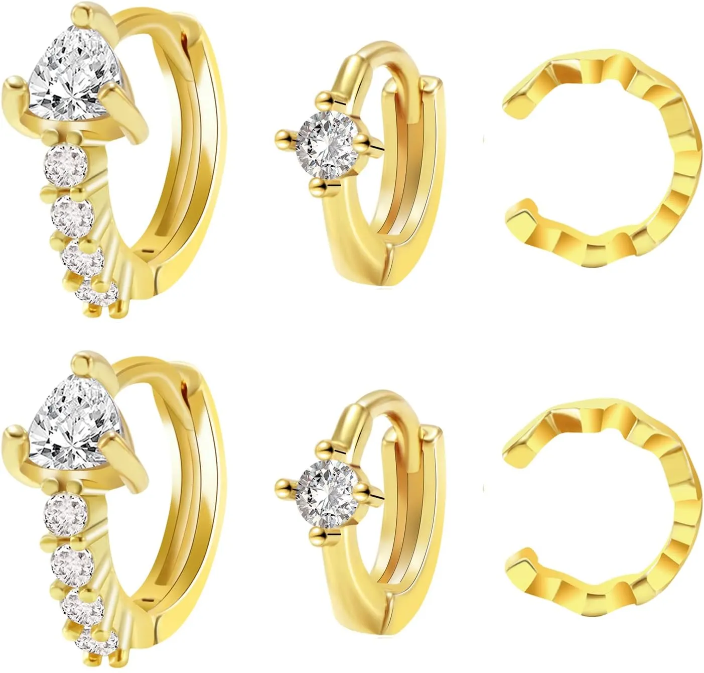 8YEARS 18K Gold Plated Cubic Zirconia Hoop Earrings And Ear Cuff Sets for Women, Gold CZ Huggie Earrings Non-Pierced Cartilage Clip On Earring, Gold Earring Set of 3 Gift for Her