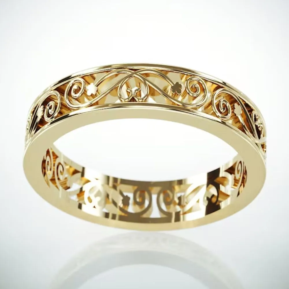 925 Sterling Silver Art Deco Vintage Style Flower Filigree Edwardian Wedding Band Ring For Women 14K Gold Plated Stacking Matching Artistic Jewelry Handmade Floral Anniversary Band Ring