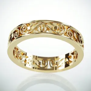 925 Sterling Silver Art Deco Vintage Style Flower Filigree Edwardian Wedding Band Ring For Women 14K Gold Plated Stacking Matching Artistic Jewelry Handmade Floral Anniversary Band Ring