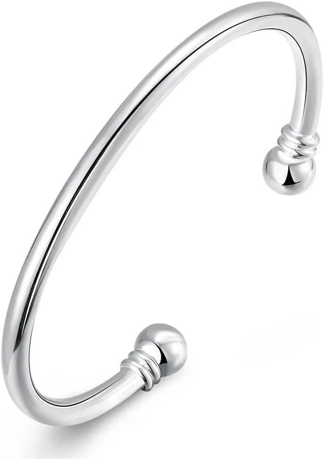 925 Sterling Silver Bangle Bracelet Fashion Simple Open Bangles Two Bead Cuff Jewelry for Men Women