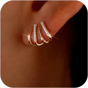 925 Sterling Silver Claw Earrings for Women Mom CZ Half Hoop Stud Earrings 14K Gold Plated Triple Piercings Illusion Stud to Daughter Warp Cuff Dainty Wedding Graduation Jewelry Gifts for Her