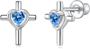 925 Sterling Silver Cross Earrings Screw Back with Heart CZ Hypoallergenic Stud Christian Religious Faith Jewelry Gifts